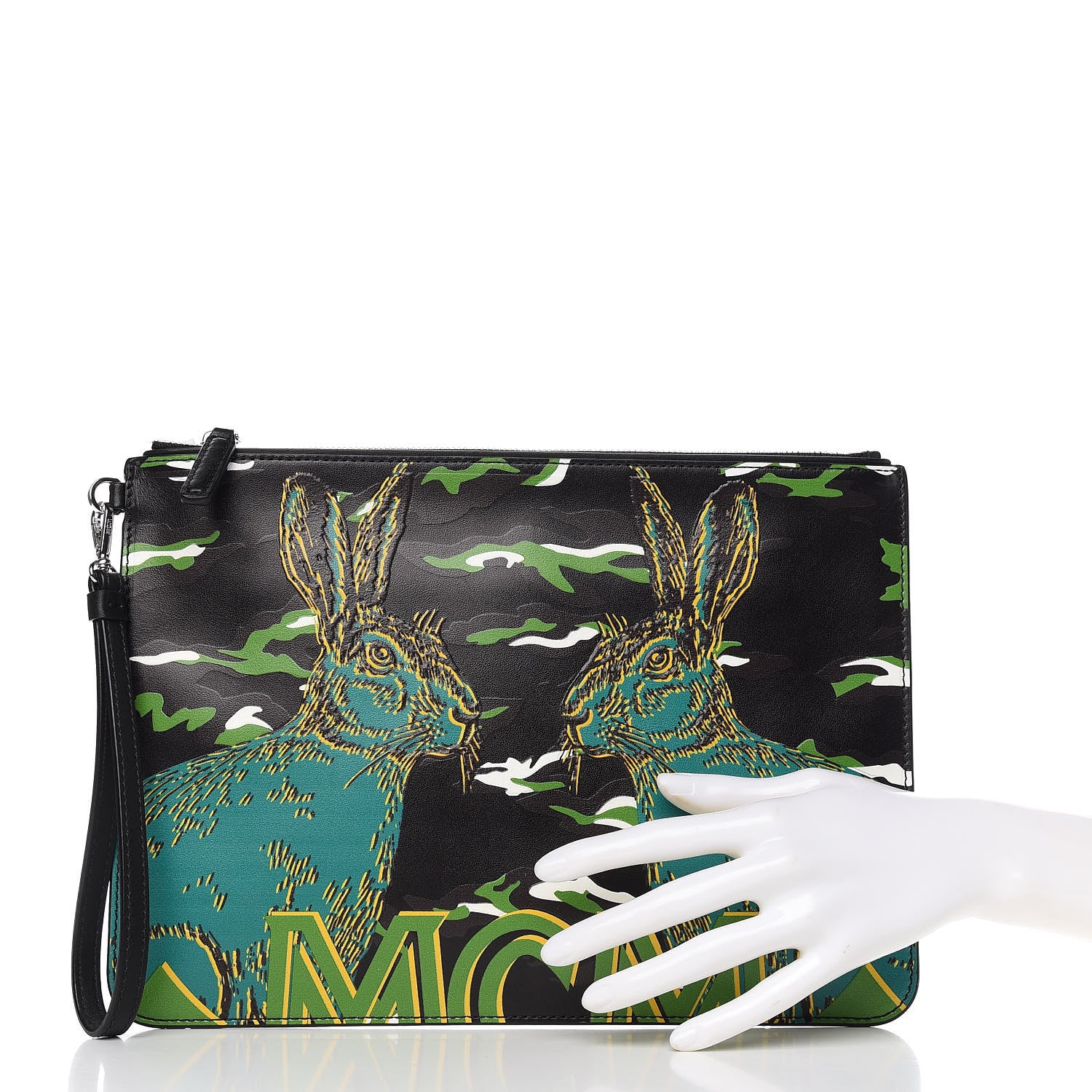 MCM Calfskin Pop Rabbit Wristlet Zip Pouch Black 2 of 10