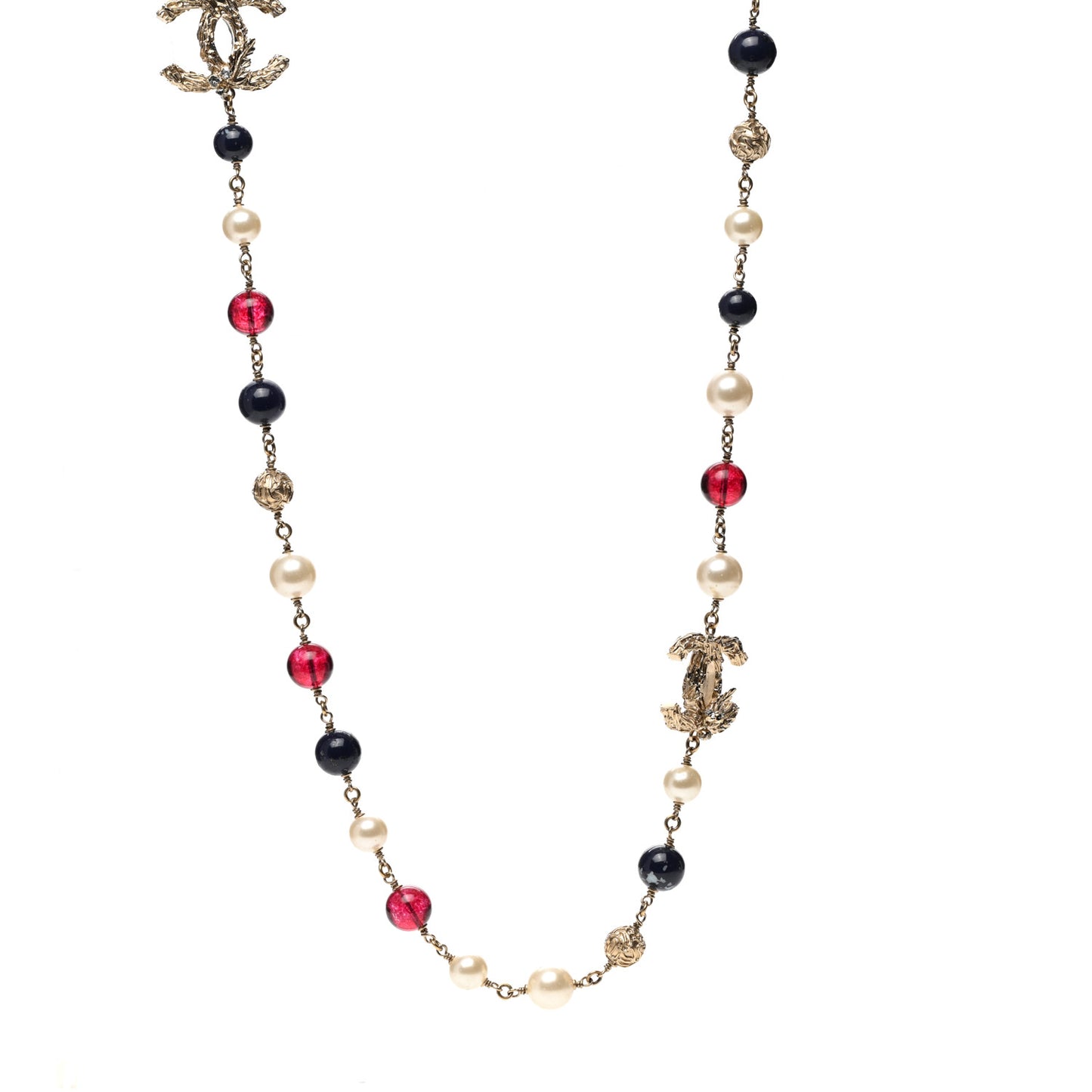 Beaded Pearl CC Long Strand Necklace Blue Red Gold