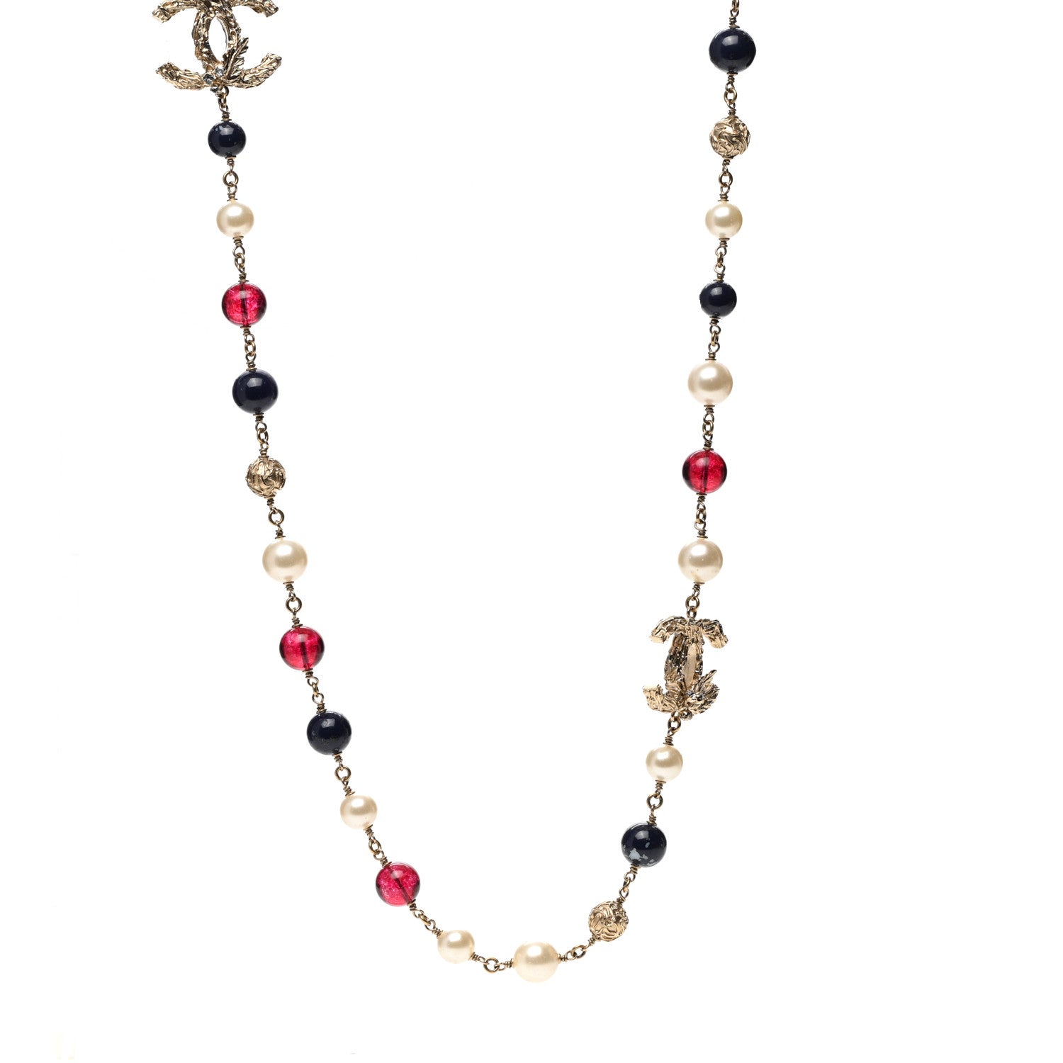 Chanel Beaded Pearl CC Long Strand Necklace Blue Red Gold 1 of 6