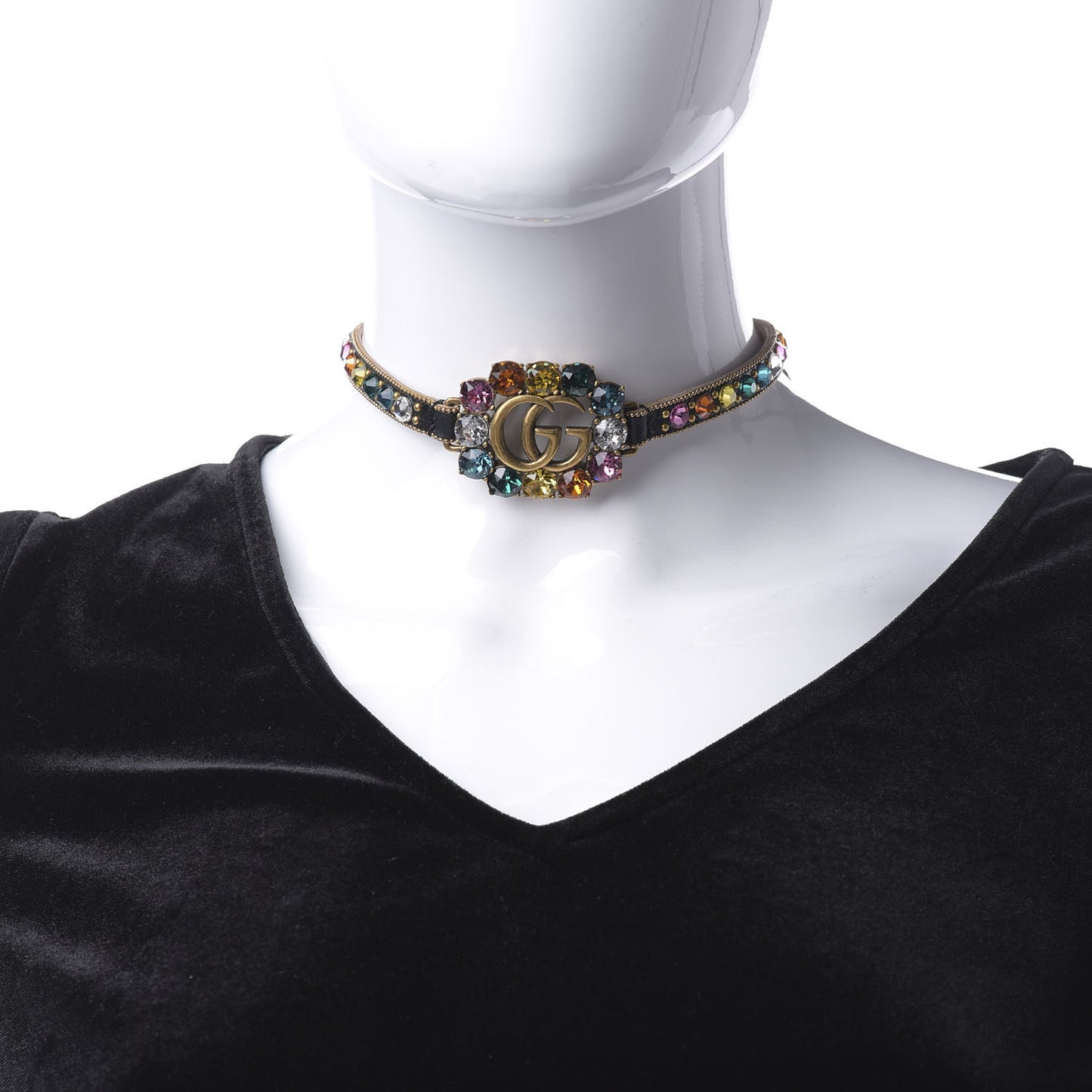 Calfskin Crystal Embellished Double G Choker Necklace Multicolor