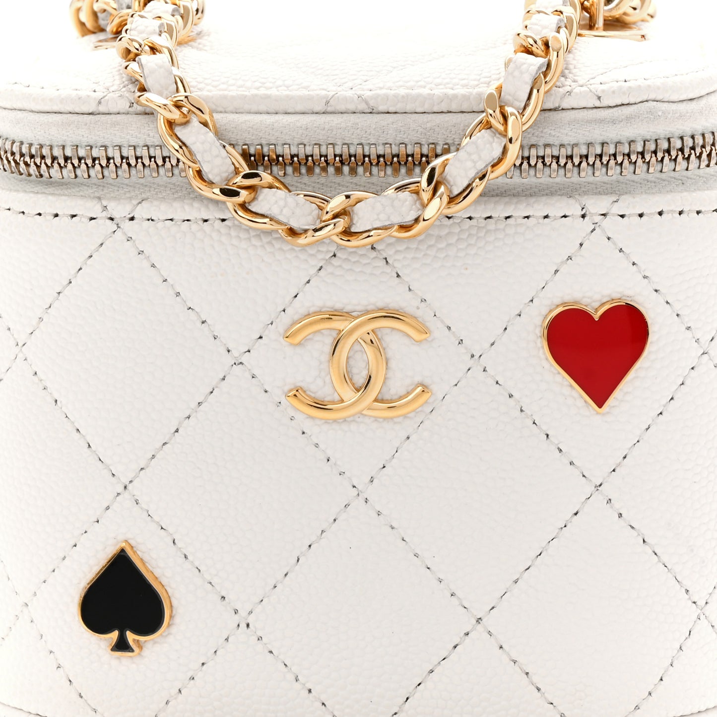Caviar Quilted Enamel Coco Casino Mini Vanity Case With Chain White
