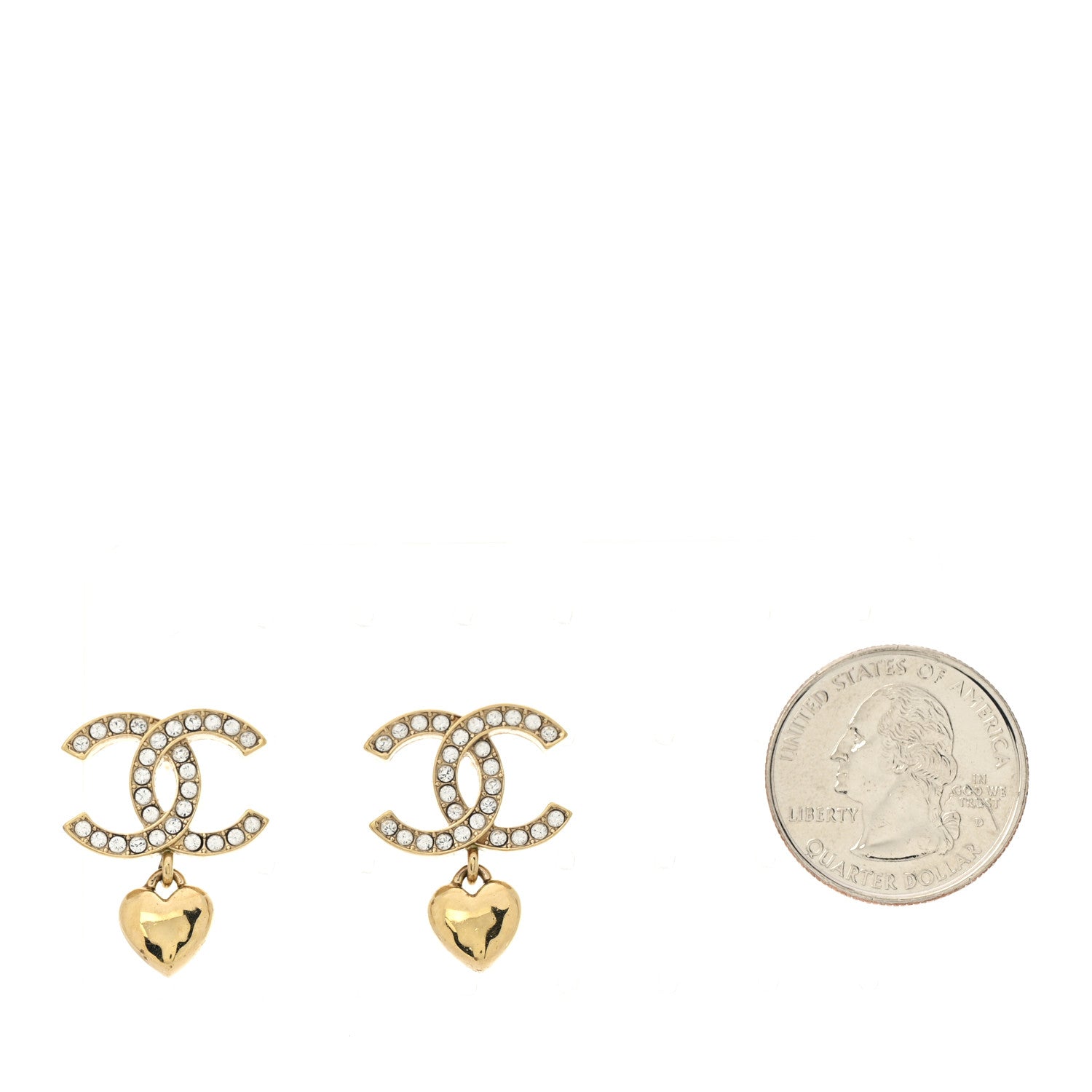 Chanel Metal Crystal CC Heart Drop Earrings Gold 2 of 4