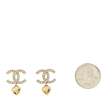 Chanel Metal Crystal CC Heart Drop Earrings Gold 2 of 4