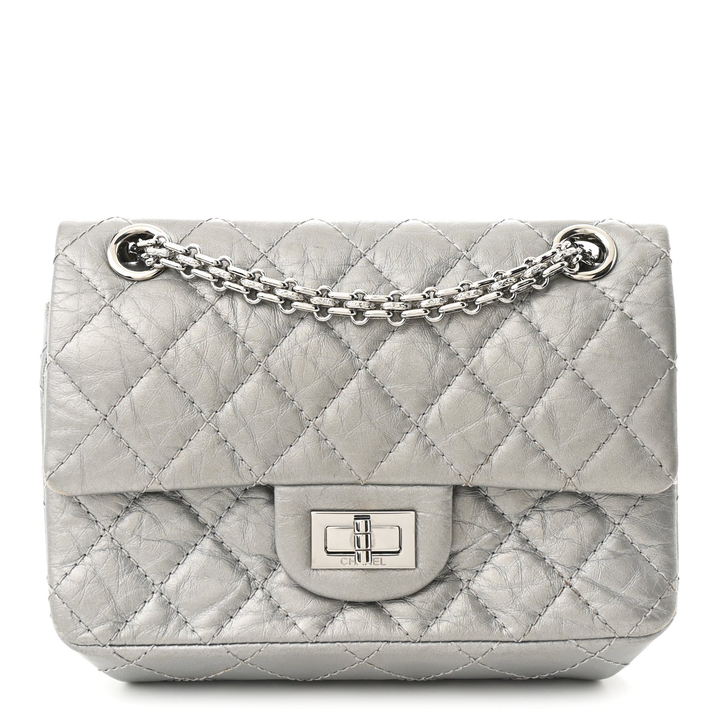 Metallic Aged Calfskin Quilted 2.55 Reissue Mini Flap Silver