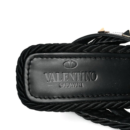 Valentino Garavani Calfskin Silk Rockstud Torchon Espadrille Wedge 25/95mm Slide Sandals 40 Black 7 of 9