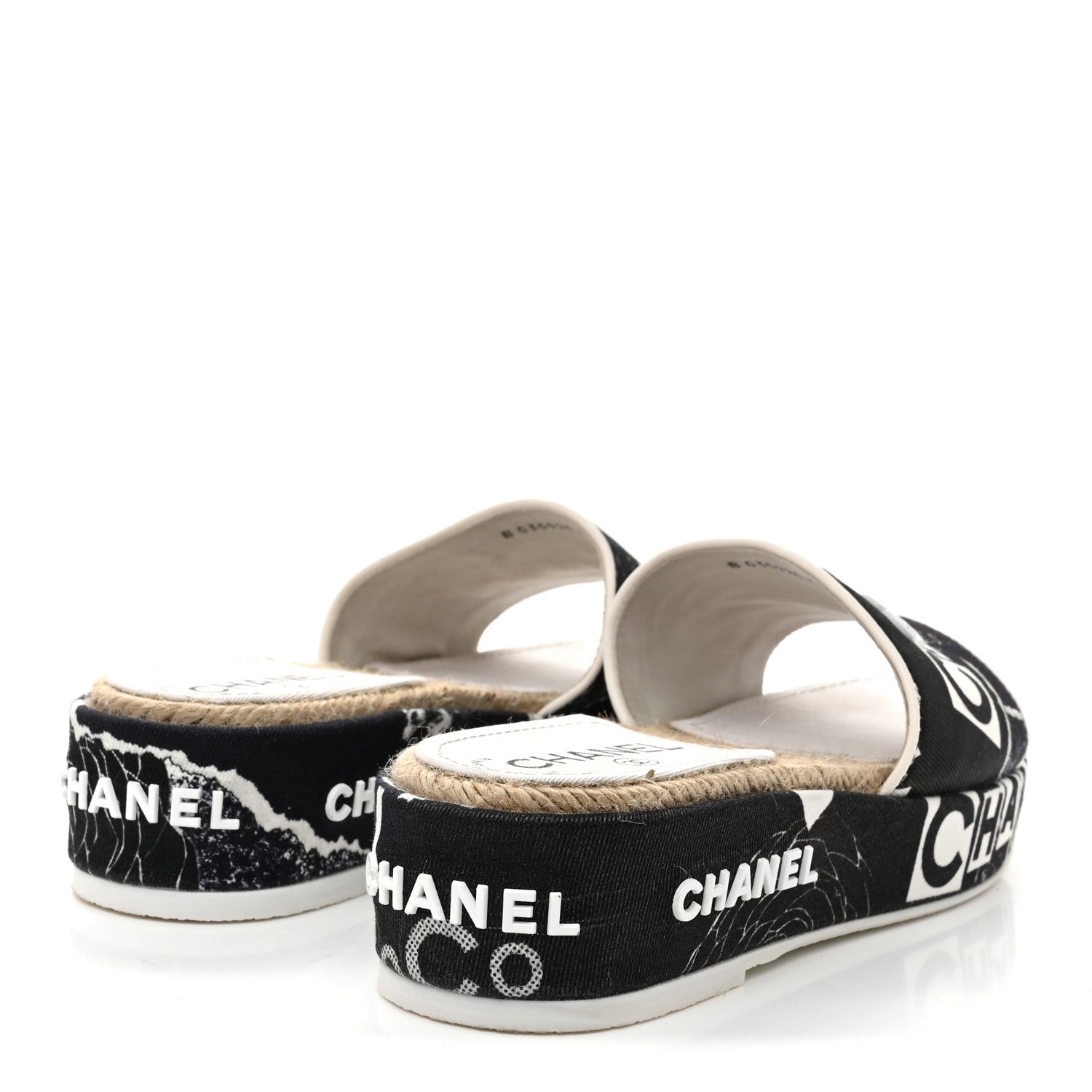 Chanel Fabric Grosgrain Printed CC Espadrille Slip On Sandals 36 Black White 5 of 11