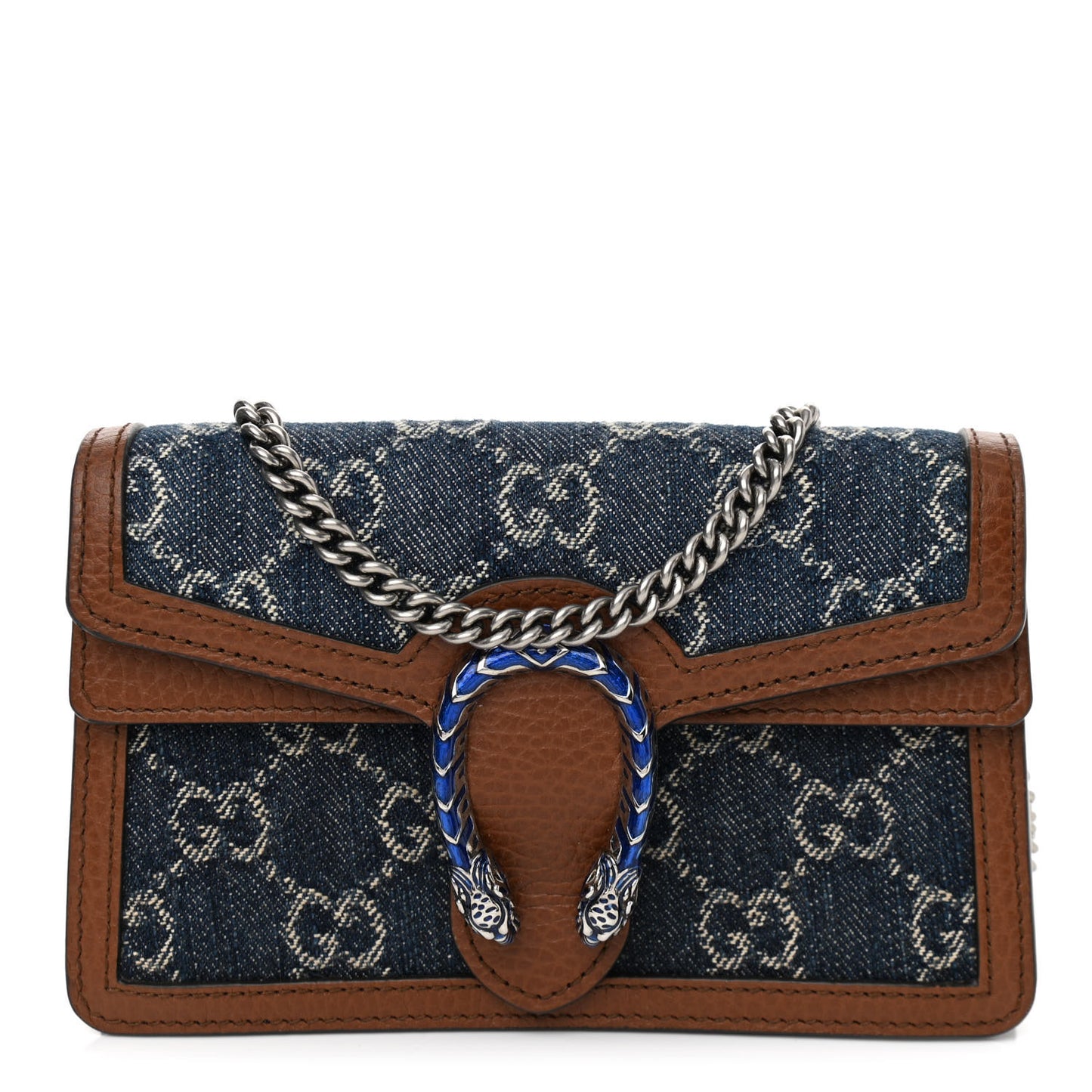 New Denim GG Monogram Dollar Calfskin Enamel Super Mini Dionysus Shoulder Bag Blue Tea Cuir Epilog Electric Blue
