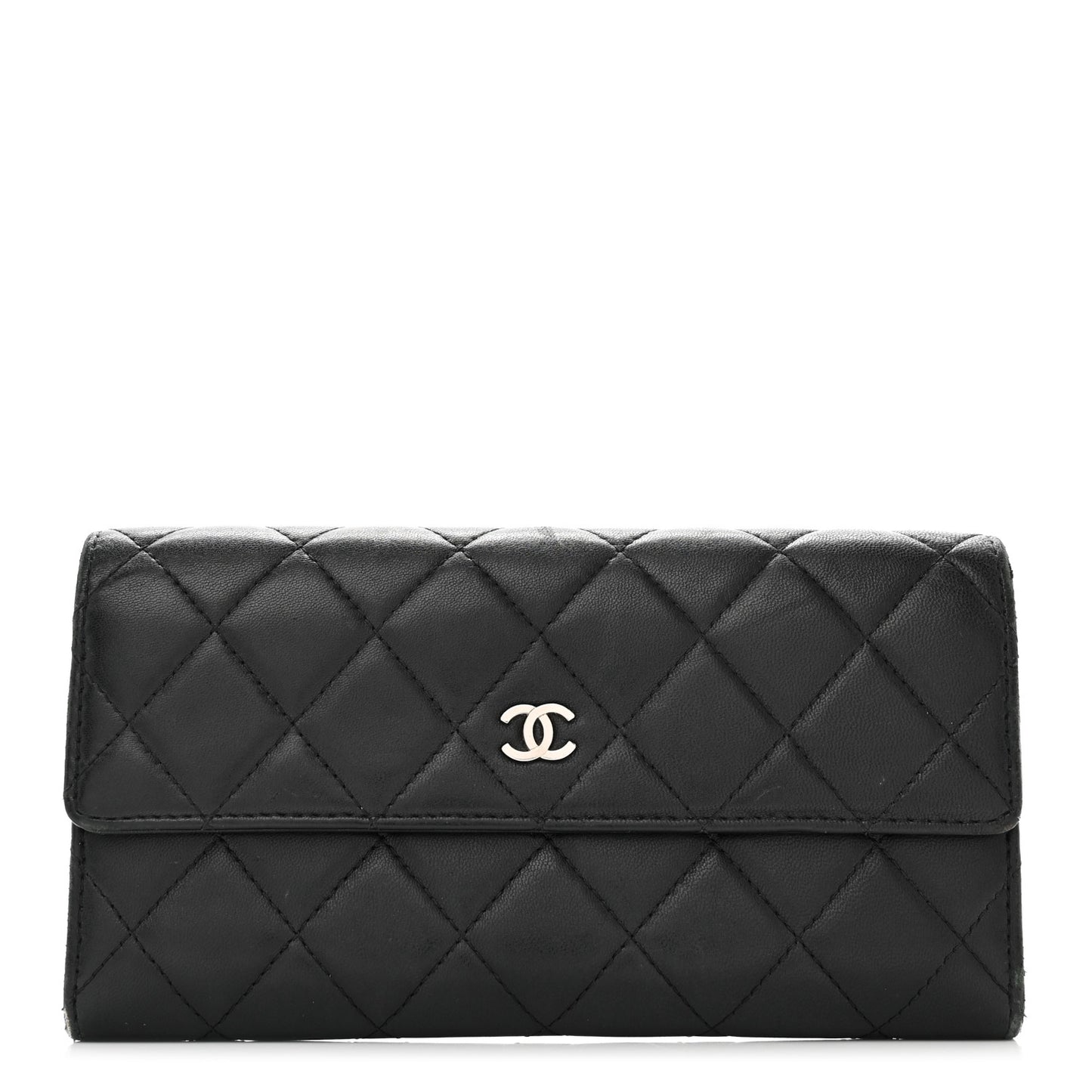 Lambskin Quilted Large Gusset Flap Wallet Black