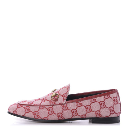Gucci Canvas GG Monogram Horsebit Womens Jordaan Loafers 38 Gardenia Hibiscus Red 1 of 11