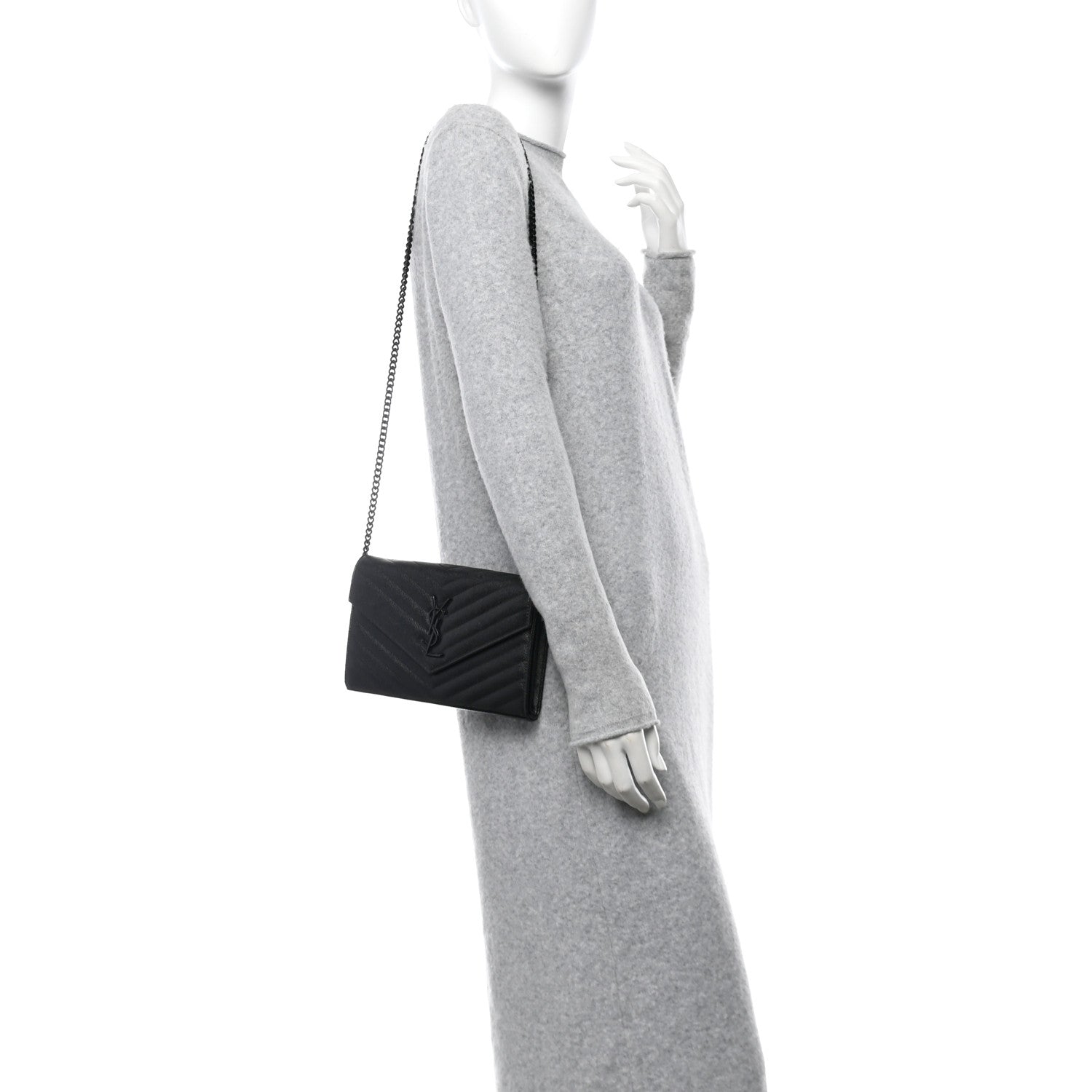 Saint Laurent Grain De Poudre Matelasse Chevron Monogram Monochrome Chain Wallet Black 2 of 10