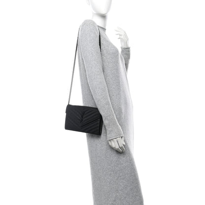 Saint Laurent Grain De Poudre Matelasse Chevron Monogram Monochrome Chain Wallet Black 2 of 10