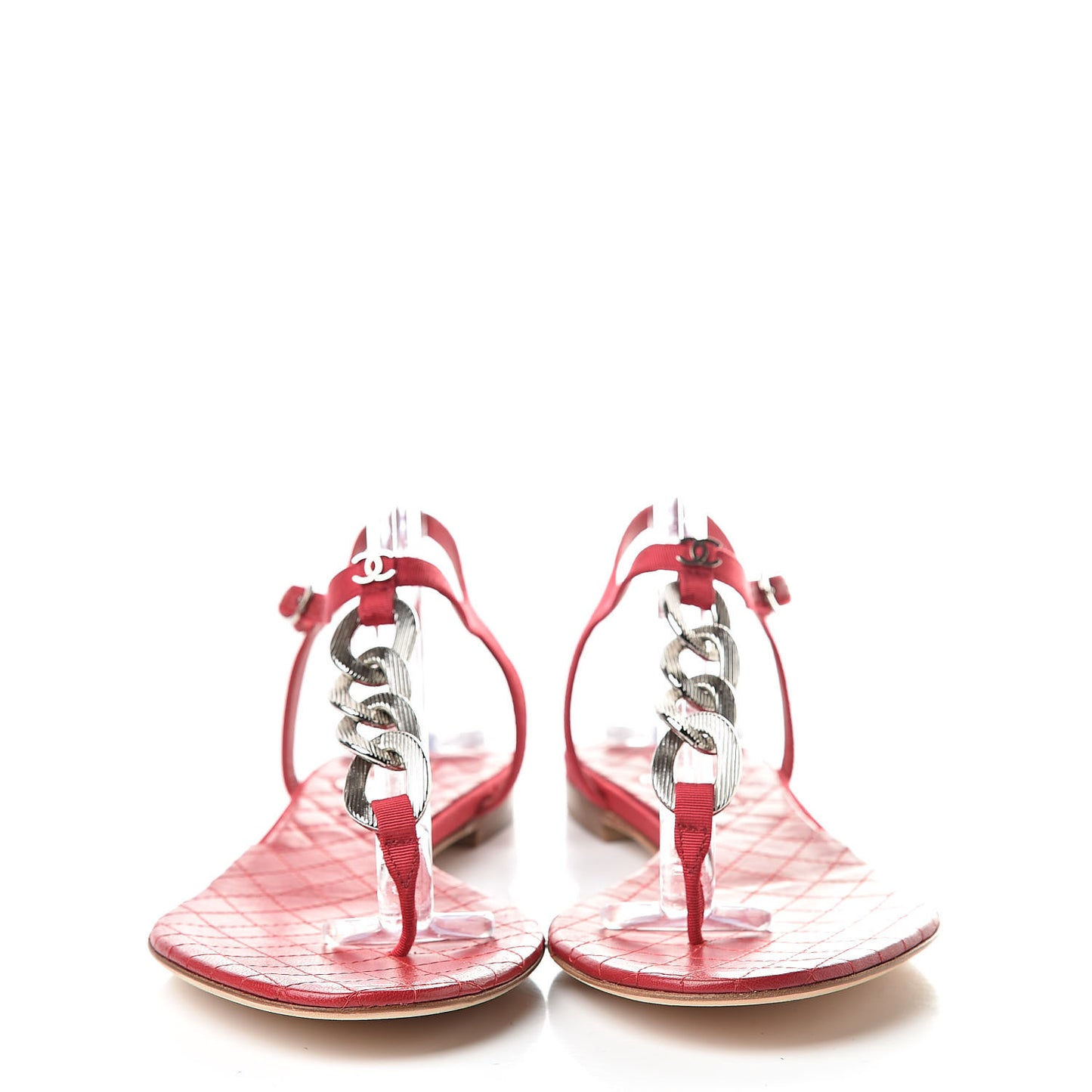 Grosgrain Lambskin Chain CC Thong Sandals 39.5 Rouge