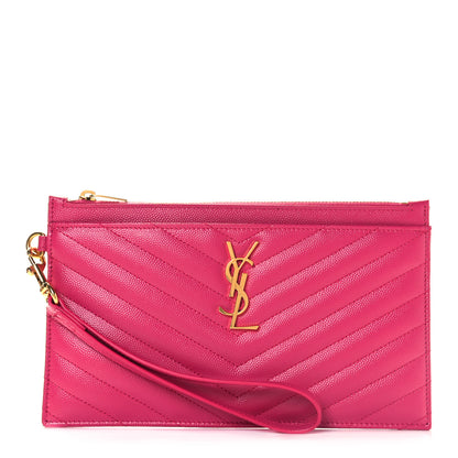 Saint Laurent Grain De Poudre Chevron Monogram Large Bill Pouch Bright Pink 1 of 8