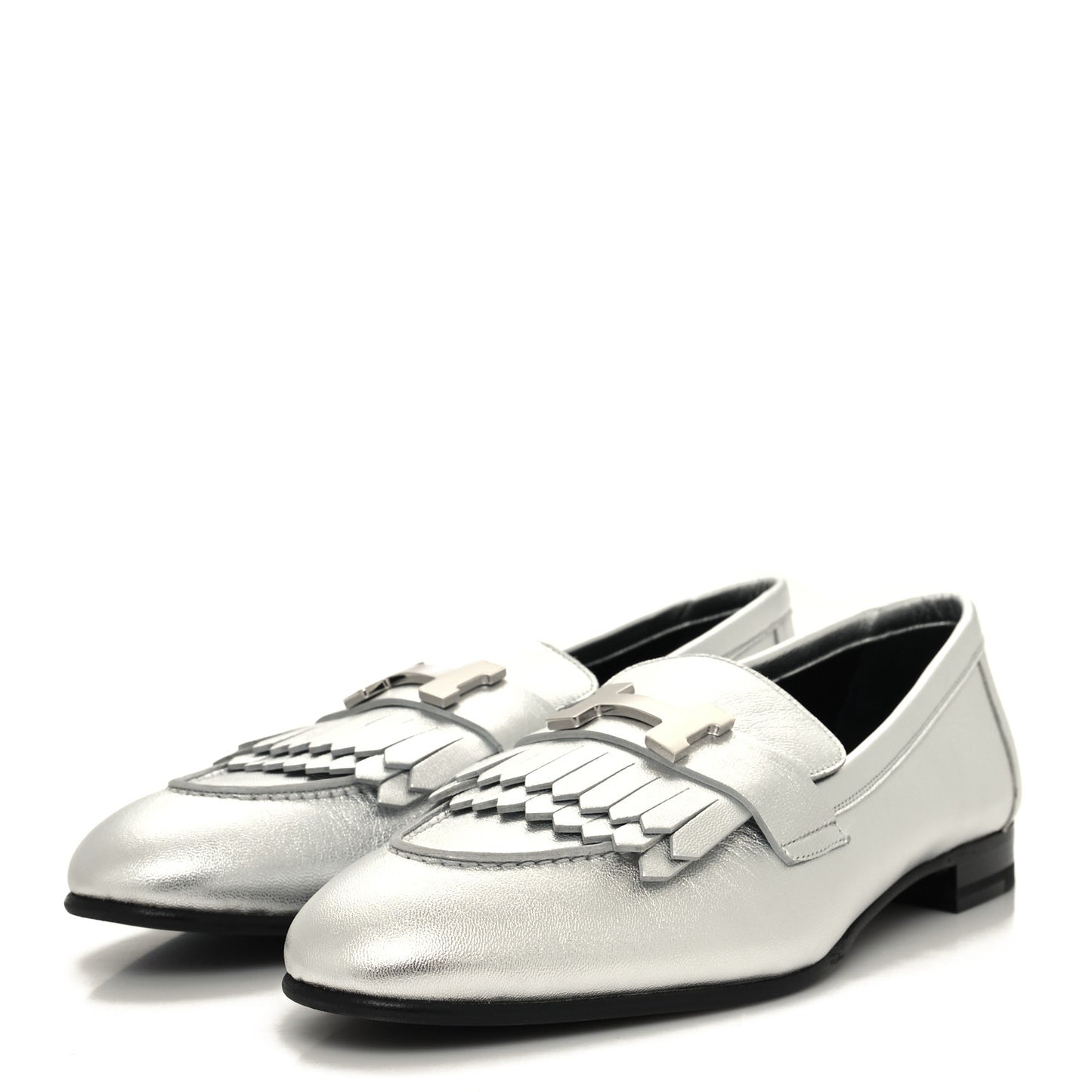 Metallic Goatskin Womens Royal Loafers 38.5 Gris Argente