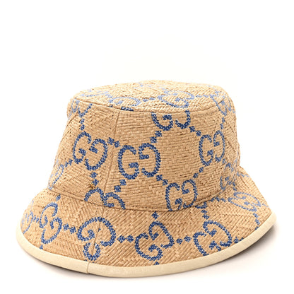 Gucci Raffia GG Monogram Embroidered Fedora Hat M Beige Blue 1 of 9