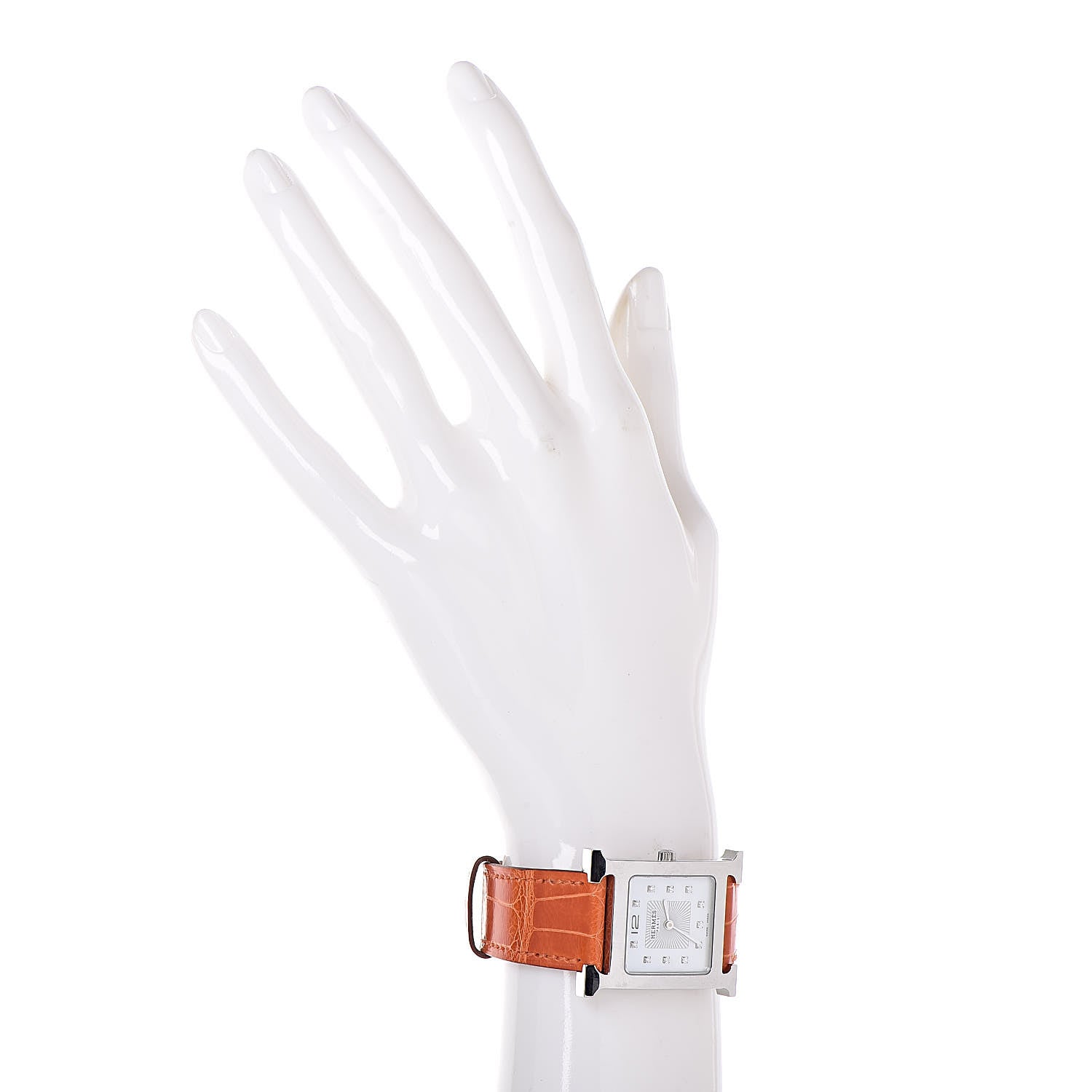 Hermes Stainless Steel Alligator Diamond Mother of Pearl 26mm Heure H Hour Quartz Watch Orange 2 of 8