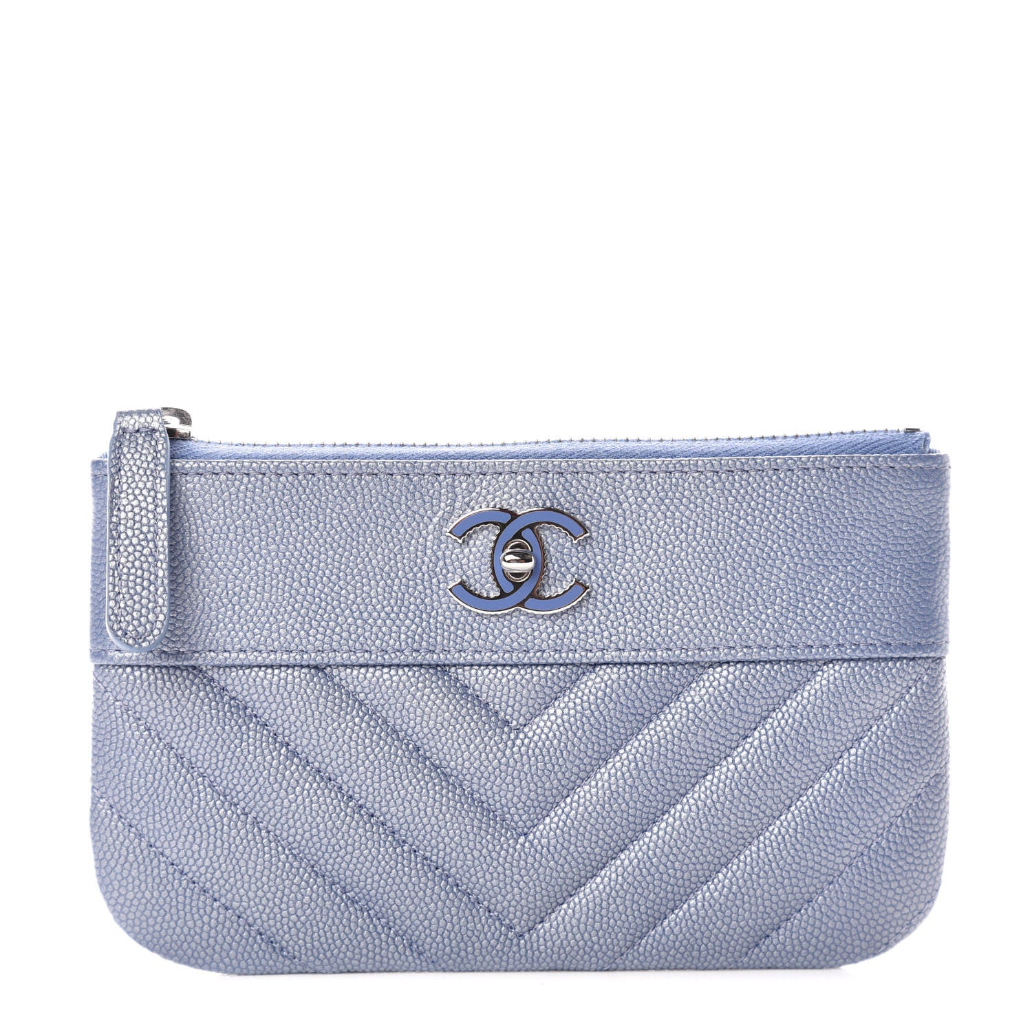 Chanel Metallic Caviar Chevron Quilted Small Vintage Mademoiselle Cosmetic Case Blue 1 of 10