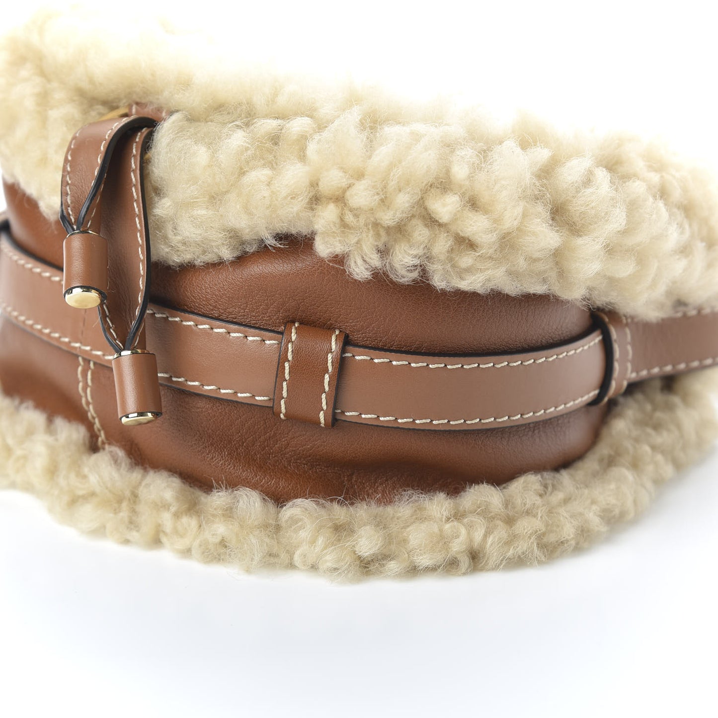 Small Grain Shiny Calfskin Shearling Small Marcie Round Crossbody Bag Caramel