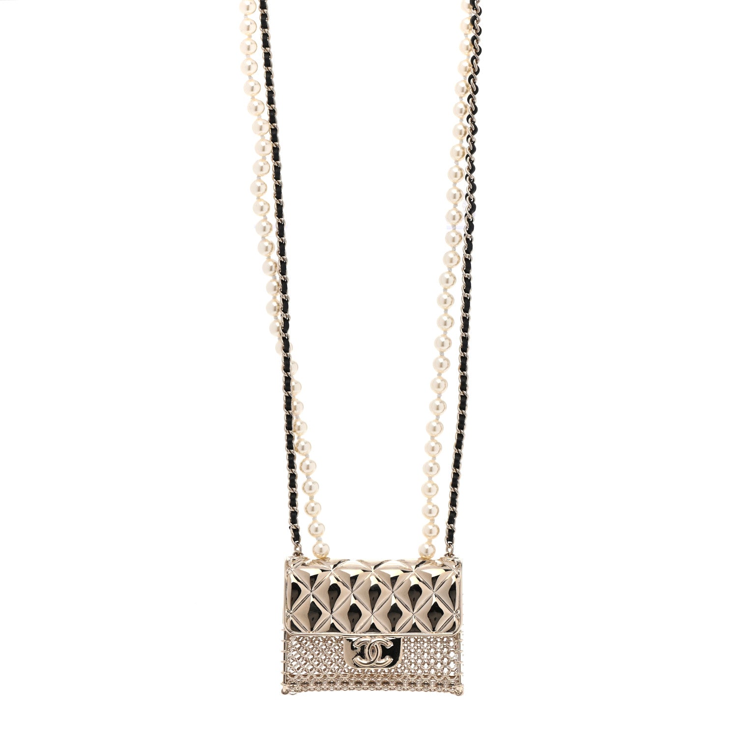 Chanel Metal Lambskin Pearl Chain Flap Bag Long Necklace Gold Black Pearly White 1 of 4