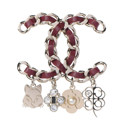 Chanel Lambskin Crystal Chain CC Charms Brooch Red Gold 1 of 3