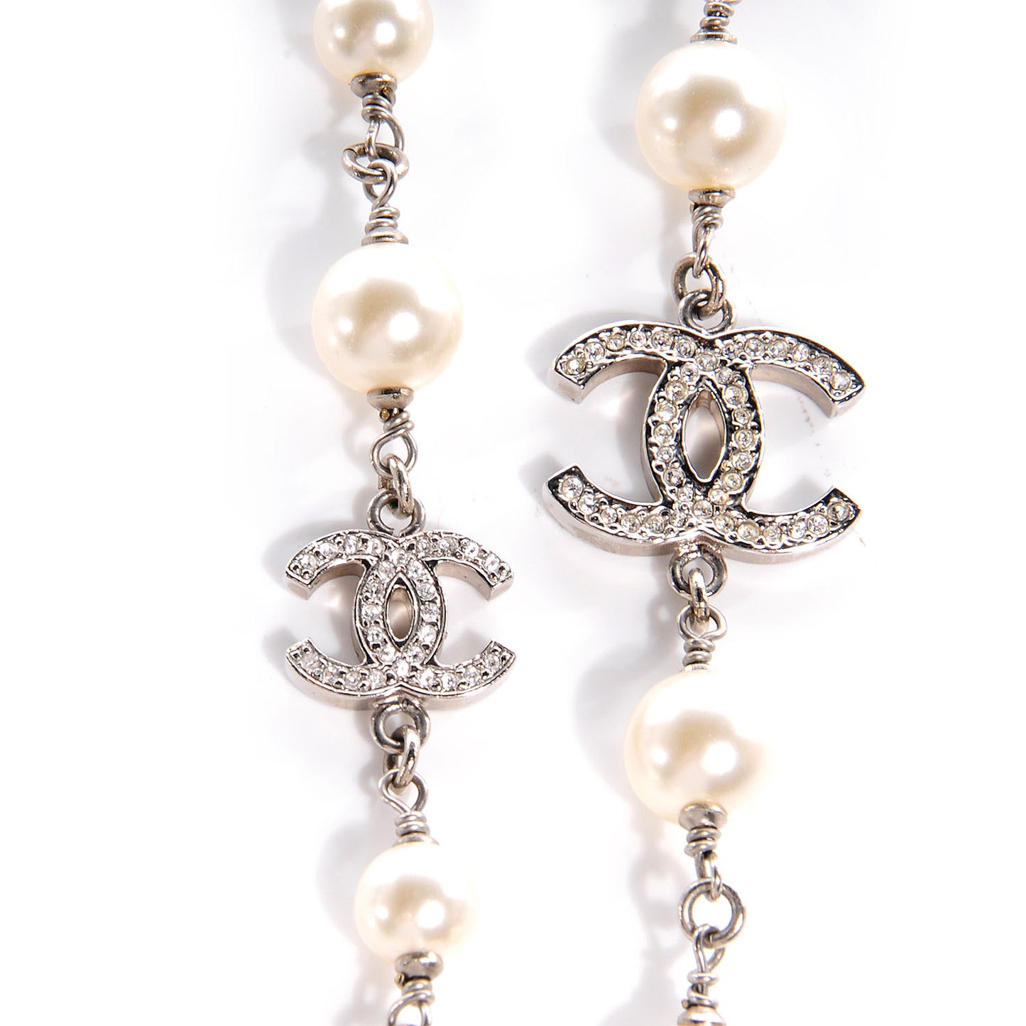 Crystal Pearl CC Long Necklace Silver