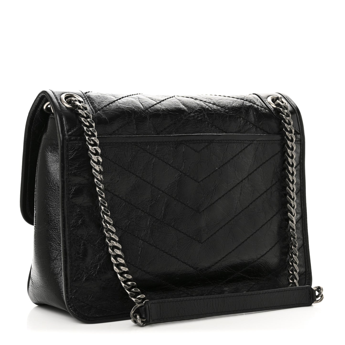 Crinkled Calfskin Matelasse Monogram Medium Niki Chain Satchel Black