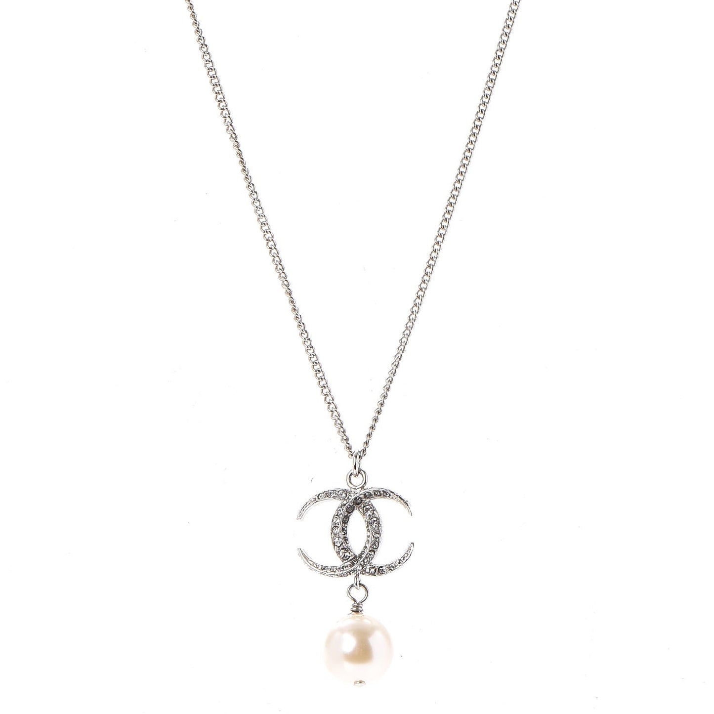 Crystal CC Pearl Drop Necklace Silver