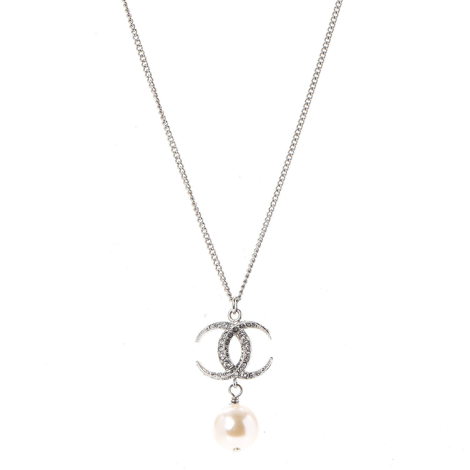 Chanel Crystal CC Pearl Drop Necklace Silver 1 of 6