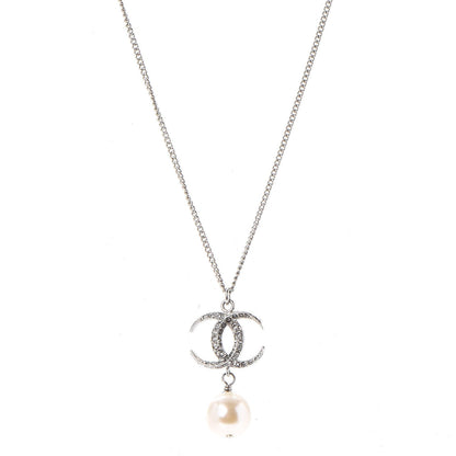 Chanel Crystal CC Pearl Drop Necklace Silver 1 of 6