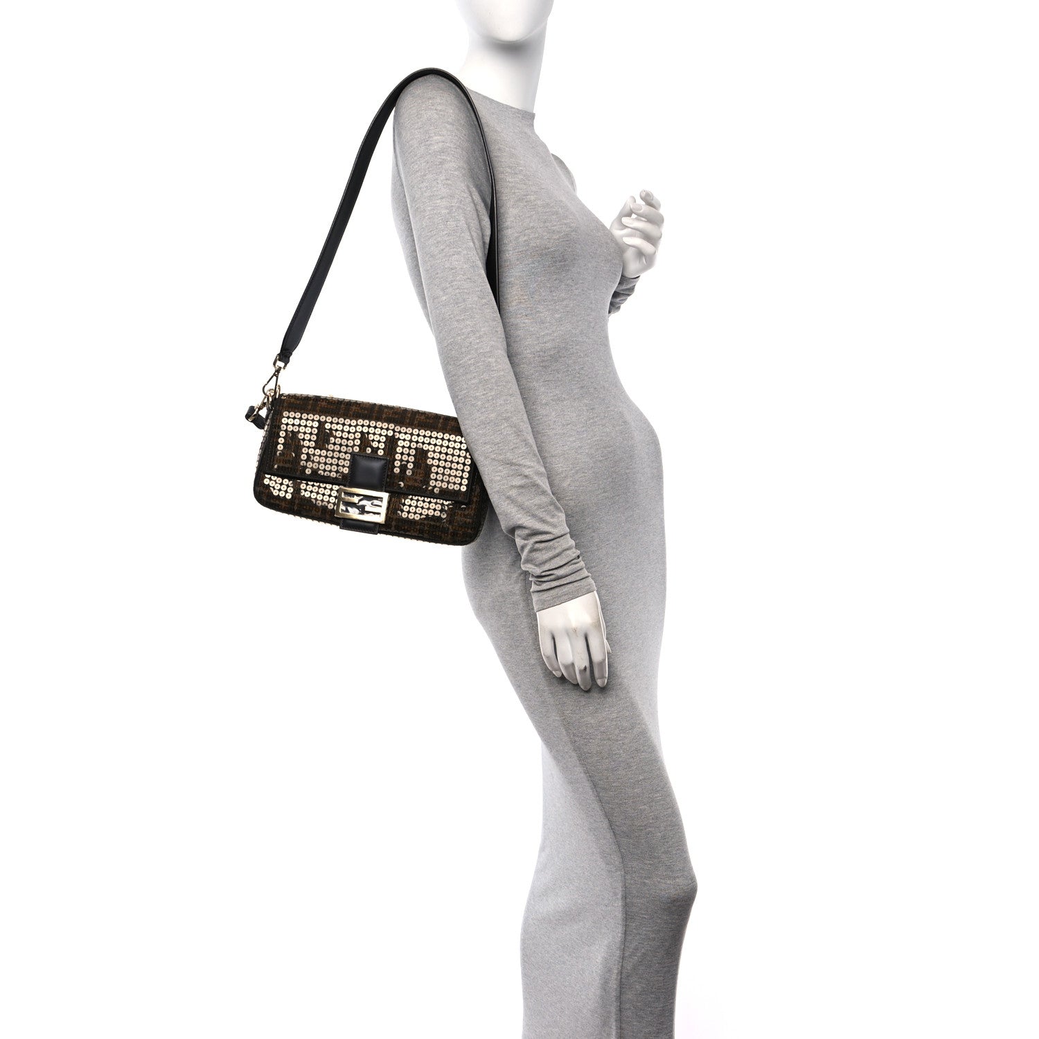 Fendi Fabric Jacquard Paillettes Vitello Seta FF 1974 Baguette Testa di Moro Real Ebano 3 of 10