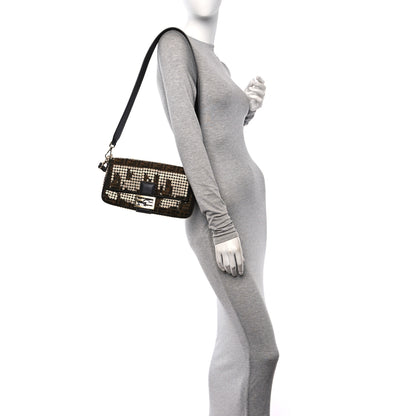 Fendi Fabric Jacquard Paillettes Vitello Seta FF 1974 Baguette Testa di Moro Real Ebano 3 of 10