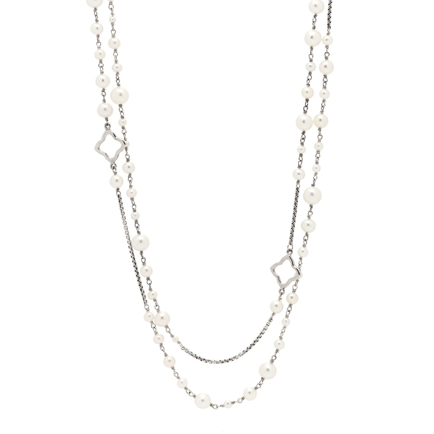 David Yurman Sterling Silver Pearl 7.5mm Quatrefoil Long Chain Necklace 1 of 5