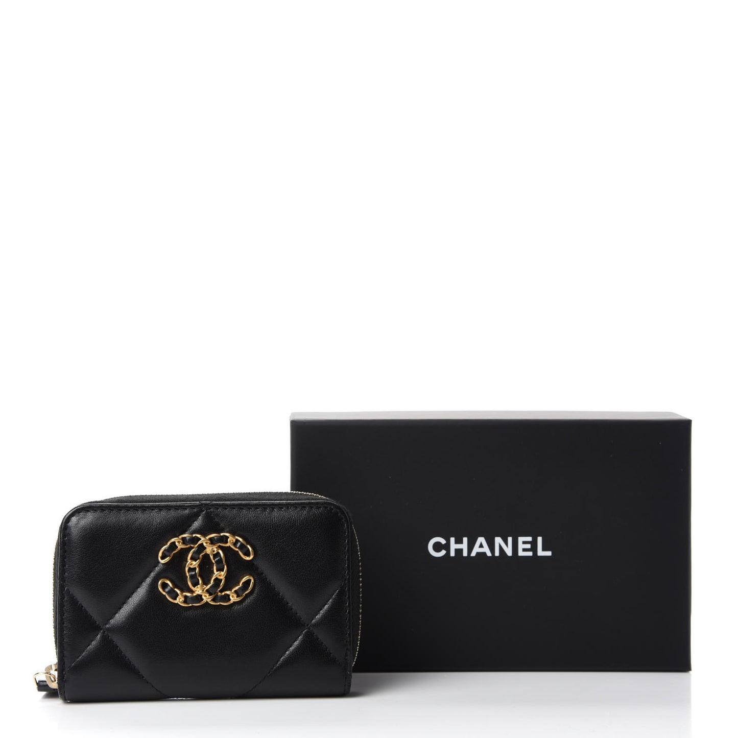 Lambskin Quilted Chanel 19 Zip Around Coin Purse Wallet Black