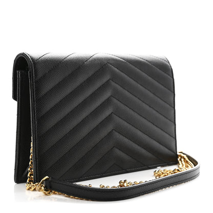 Saint Laurent Grain De Poudre Matelasse Chevron Monogram Envelope Chain Wallet Black 3 of 11