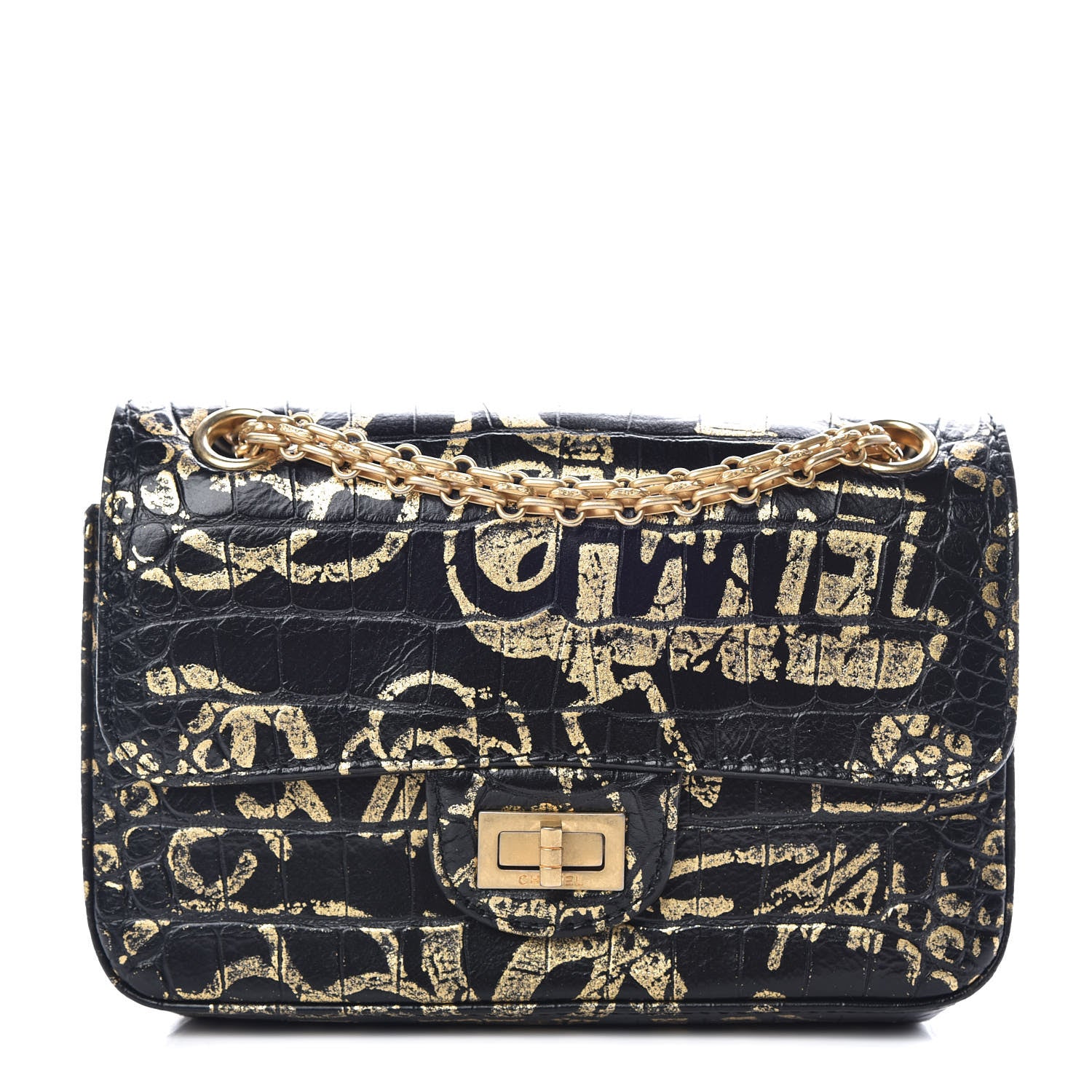Chanel Calfskin Crocodile Embossed Graffiti 2.55 Mini Cocodile Reissue Flap Black Gold 1 of 10