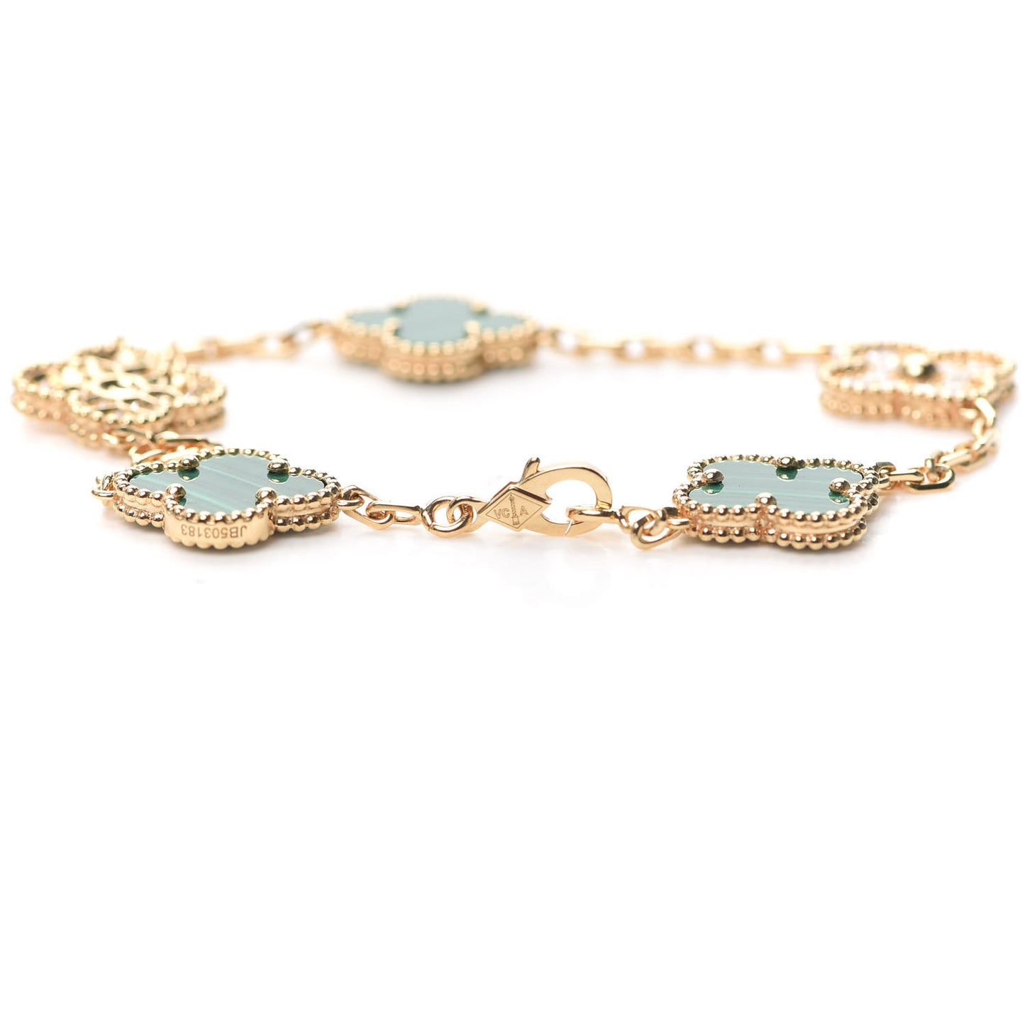 18K Yellow Gold Diamond Malachite 5 Motifs Vintage Alhambra Bracelet