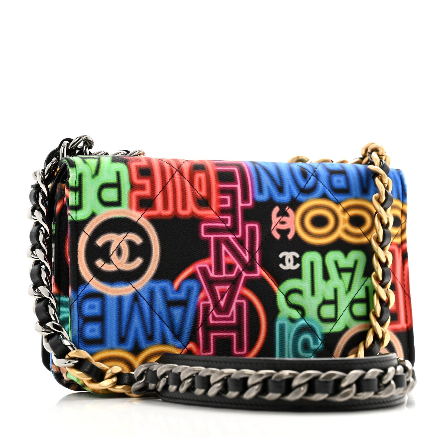 Fabric Printed Chanel 19 Wallet On Chain WOC Black Multicolor