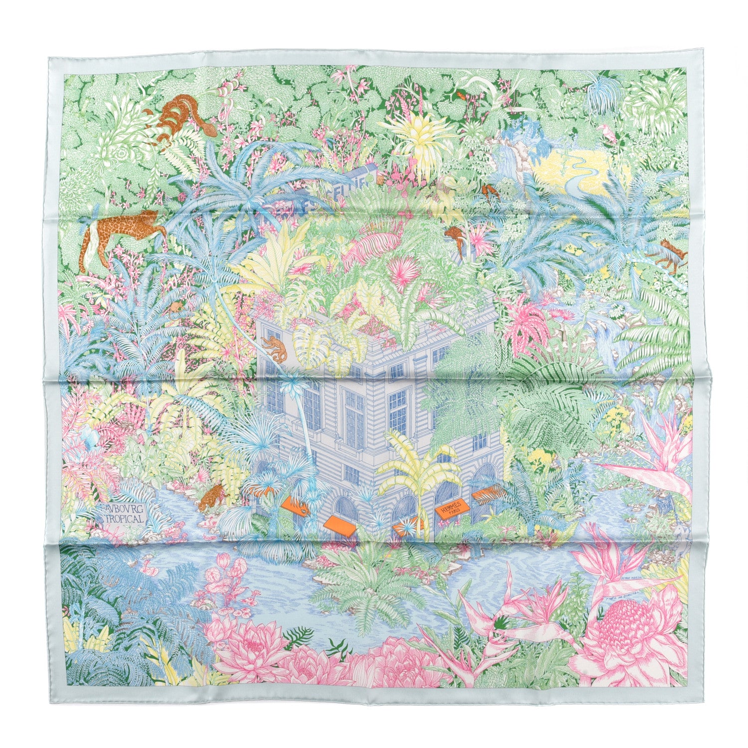 Hermes Silk Twill Faubourg Tropical Scarf 90 Bleu Vert Jaune 1 of 5