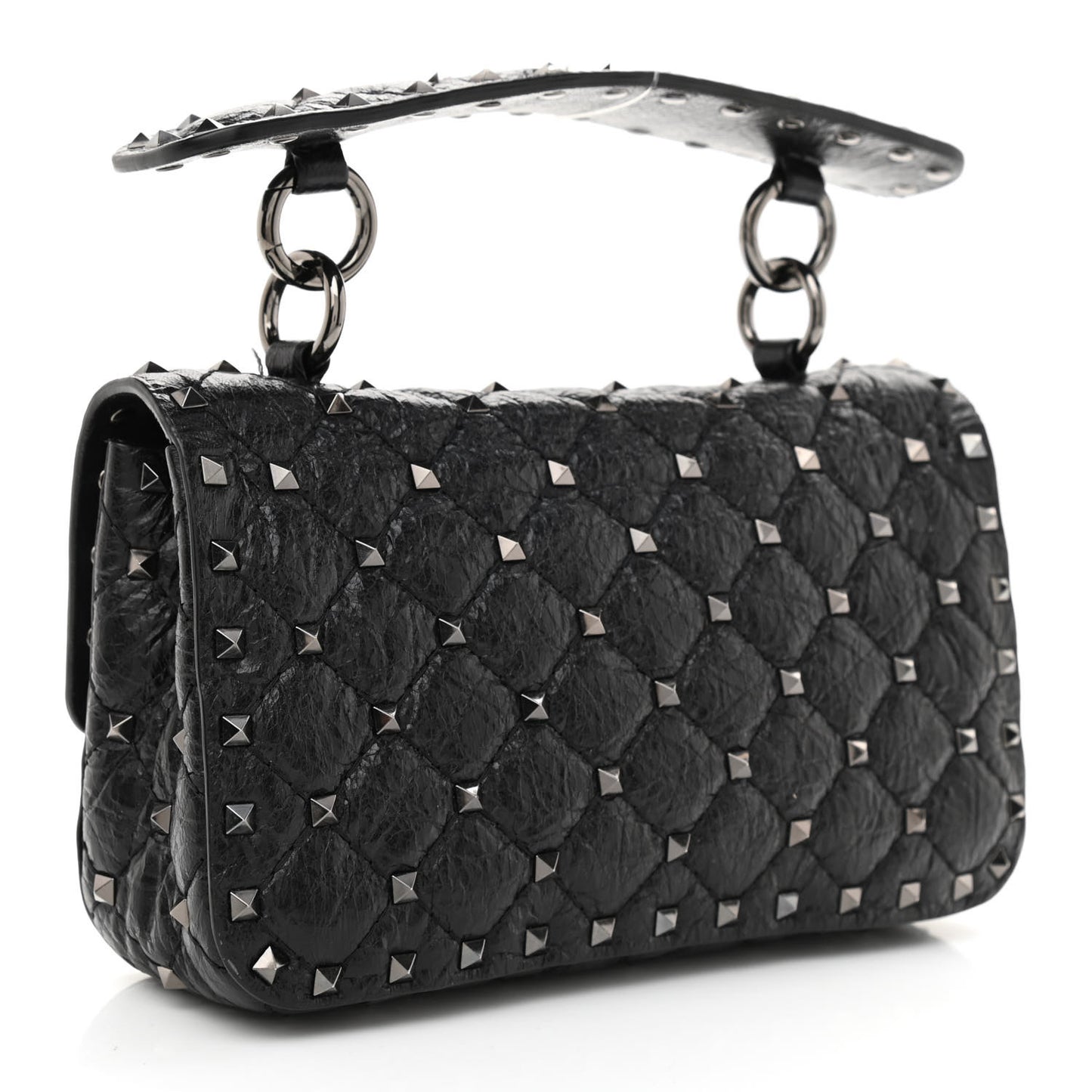 Craquele Nappa Small Rockstud Spike Shoulder Bag Black