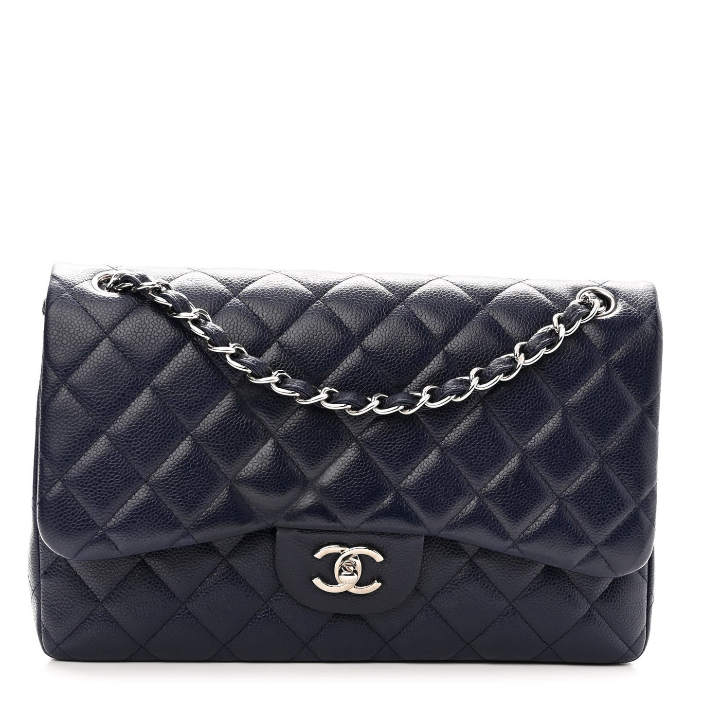 Caviar Quilted Jumbo Double Flap Navy Blue