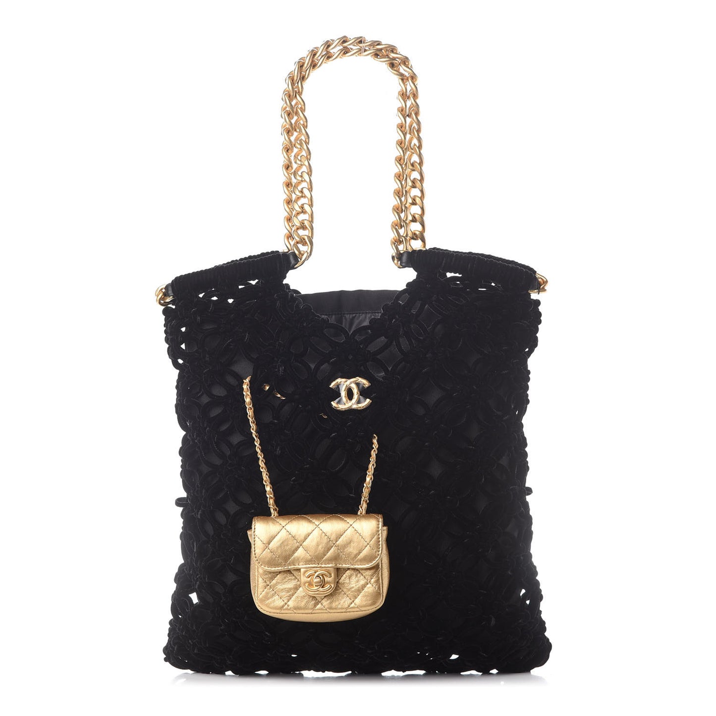 Braided Velvet Metallic Lambskin Precious Net Tote Black
