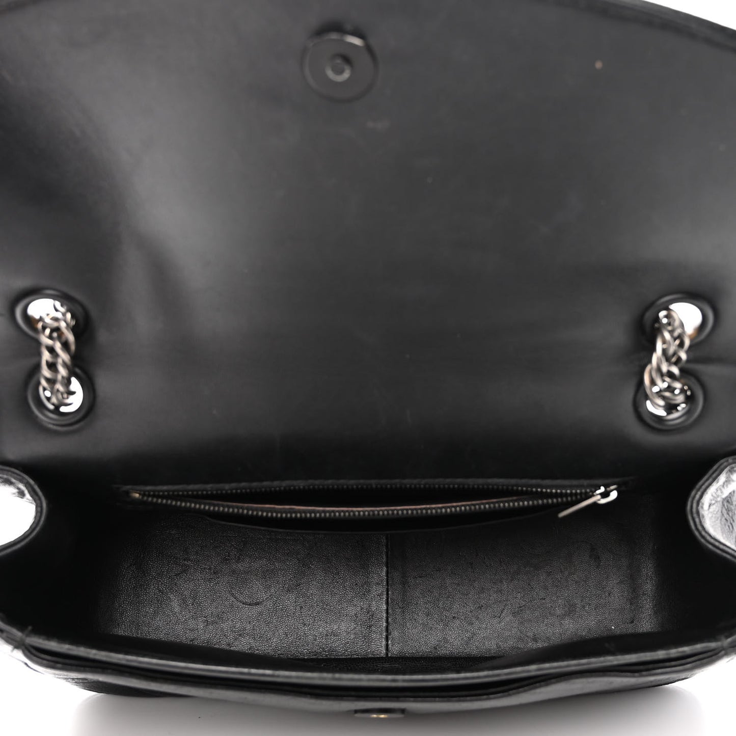 Shiny Goatksin Logo Embossed Monochrome M BB Round Shoulder Bag Black