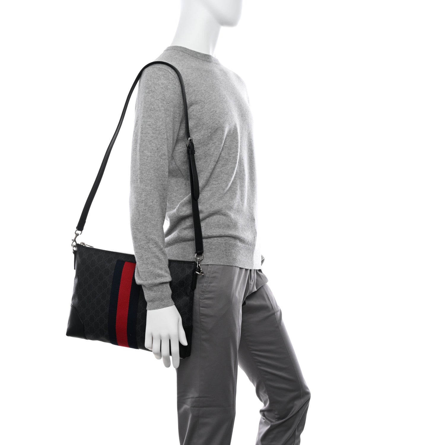 Gucci Soft GG Supreme Monogram Appia Calfskin Web East West Messenger Bag Black Grey 2 of 11