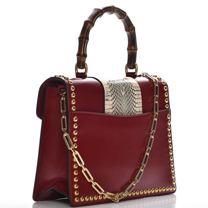 Gucci Glossy Calfskin Snakeskin Studded Fox Broche Bamboo Top Handle Bag Red 4 of 9