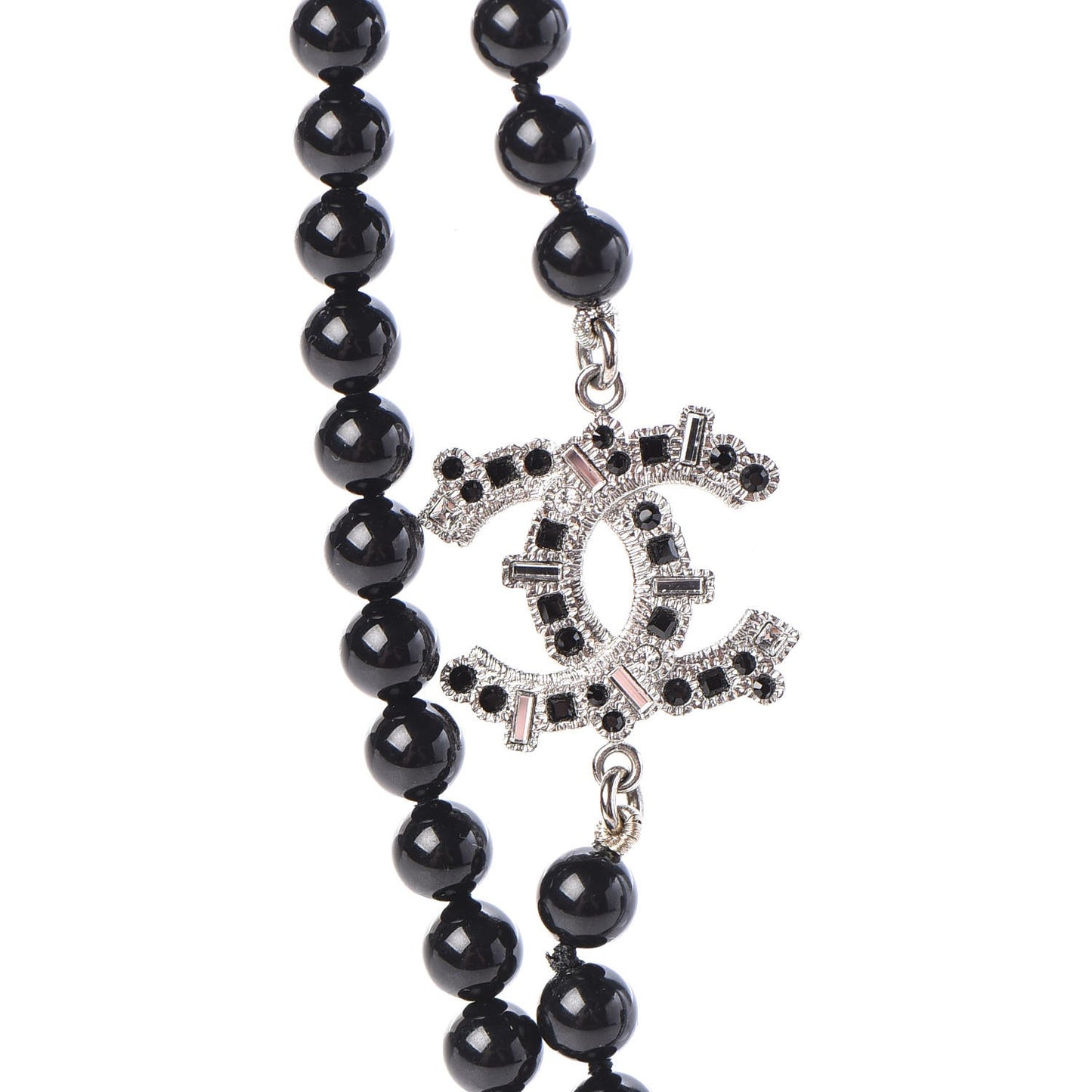 Baguette Crystal Beaded CC Long Necklace Black Silver
