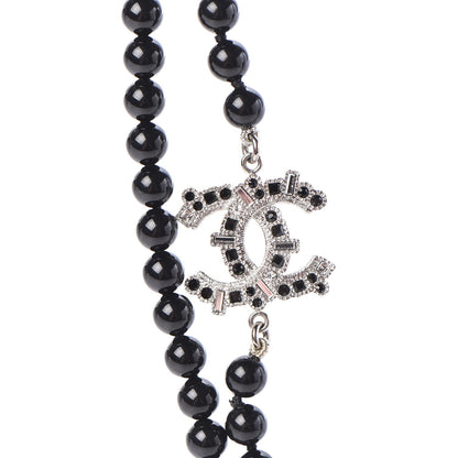Chanel Baguette Crystal Beaded CC Long Necklace Black Silver 4 of 6