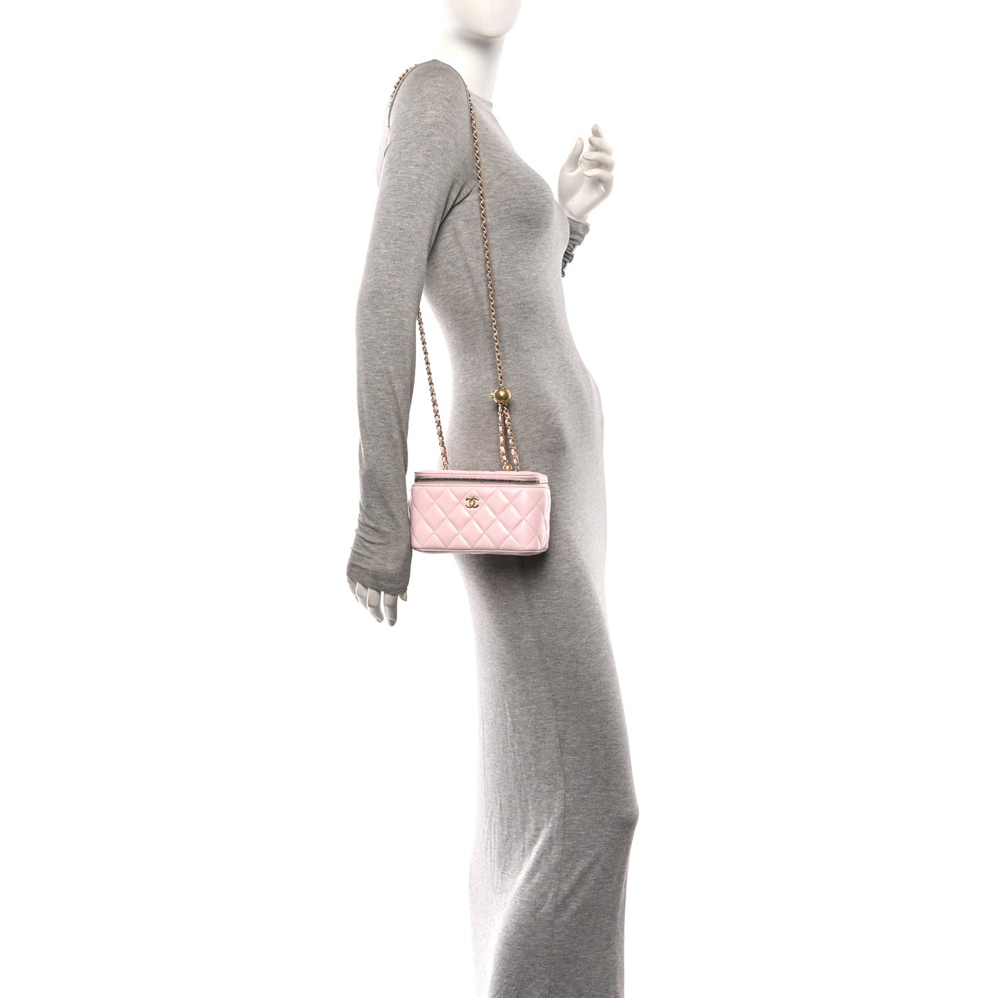 Lambskin Quilted Small Pearl Crush Vanity Case With Chain Light Pink