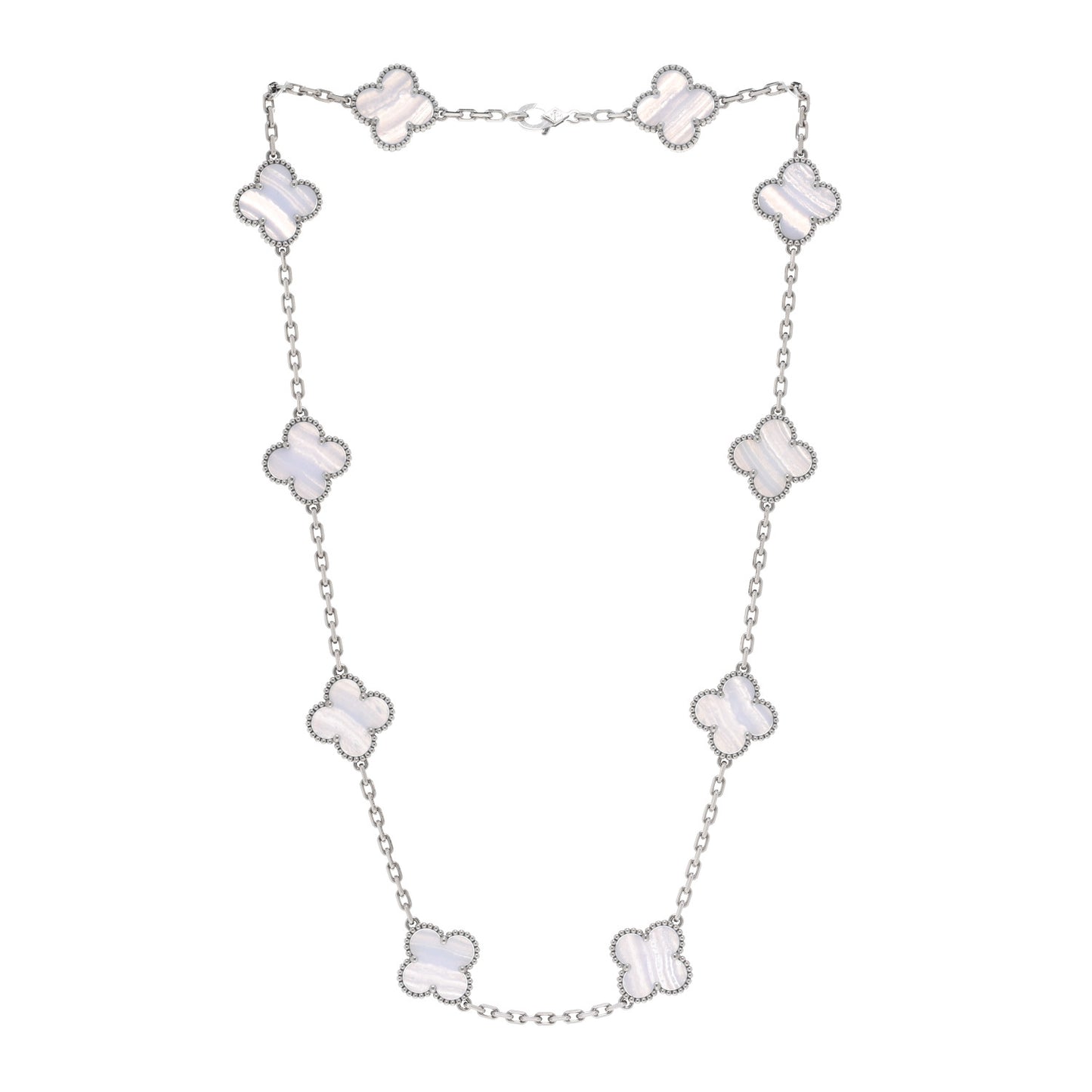 18K White Gold Chalcedony 10 Motifs Vintage Alhambra Necklace