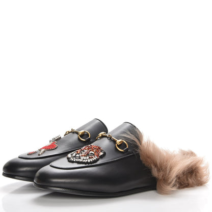 Gucci Calfskin Fur Crystal Tiger Embroidered Princetown Slippers 40 Black 3 of 8