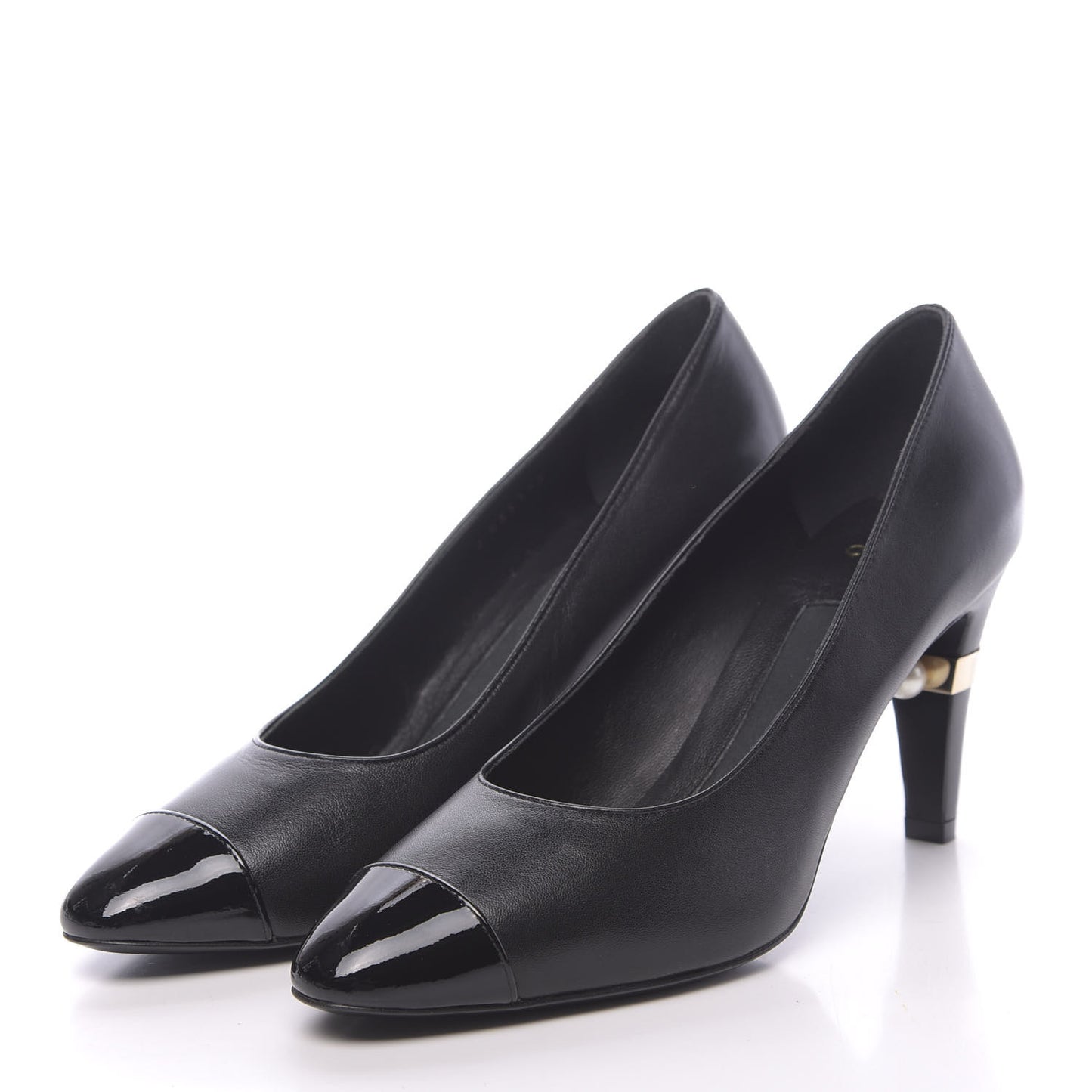 Lambskin Patent Cap Toe Pearl Pumps 38.5 Black